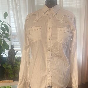 Rock 47 Embroidered White Pearl Snap Western Shirt Size M
